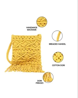 ASTRID Yellow Macrame Boho Chic Crossbody Sling Bag FOR Women - Free Size, Yellow, Canvas, Pack of1